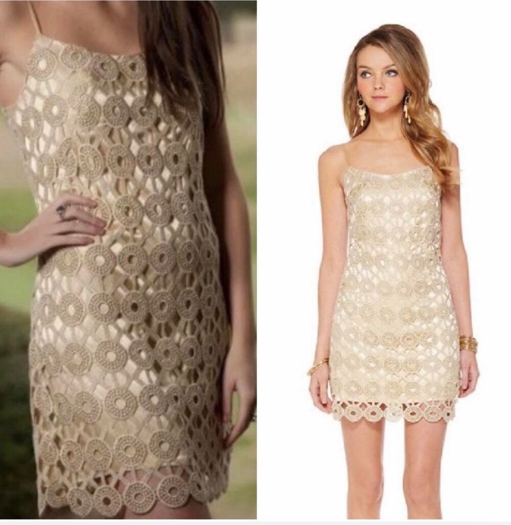 Lilly Pulitzer Beth Lace Slip Dress Geometric Crochet Sparkle Metallic Gold Sz 2
